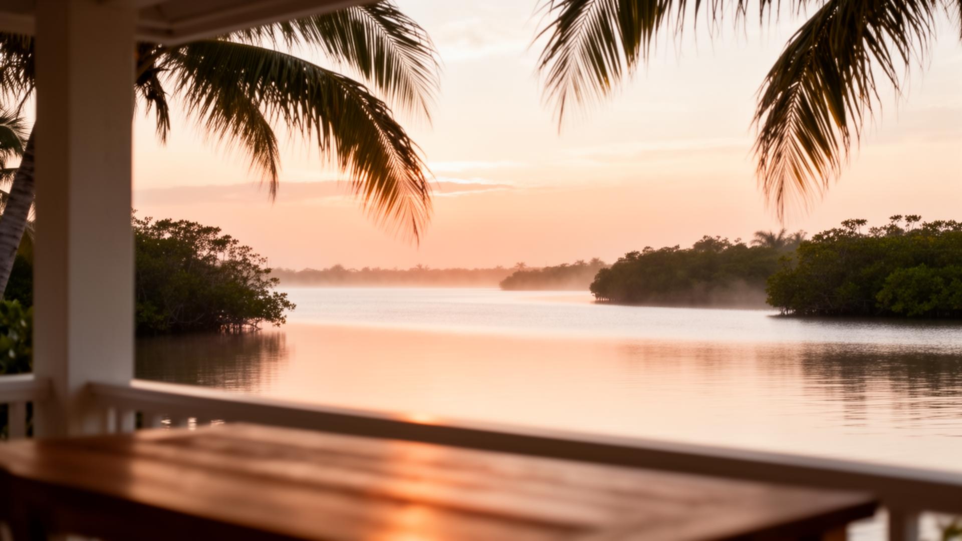 A Southwest Florida lanai at golden hour overlooking a calm mangrove inlet